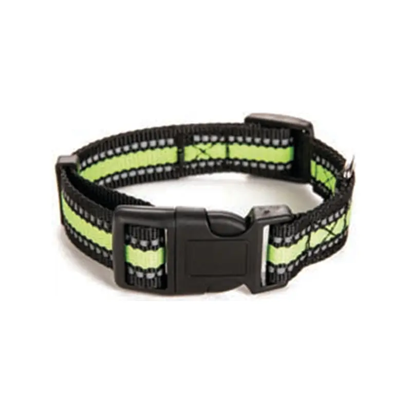 Durable reflective dog collar made of adjustable nylon with a secure safety buckle designed for enhanced visibility comfort and everyday pet use.
