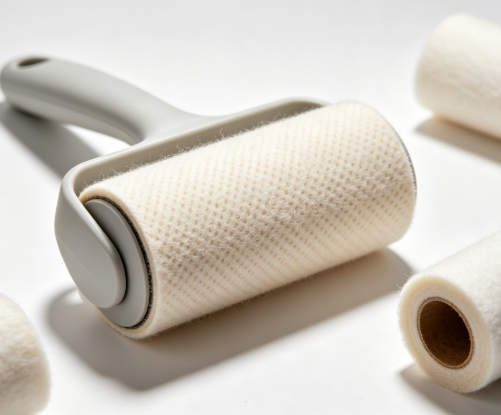 White reusable hair remover roller with handle and spare refill rollers
